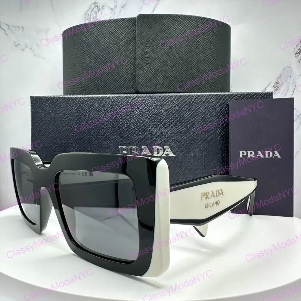New PRADA Sunglasses Black White Talc Gold Symbole Logo Womens Rectangle